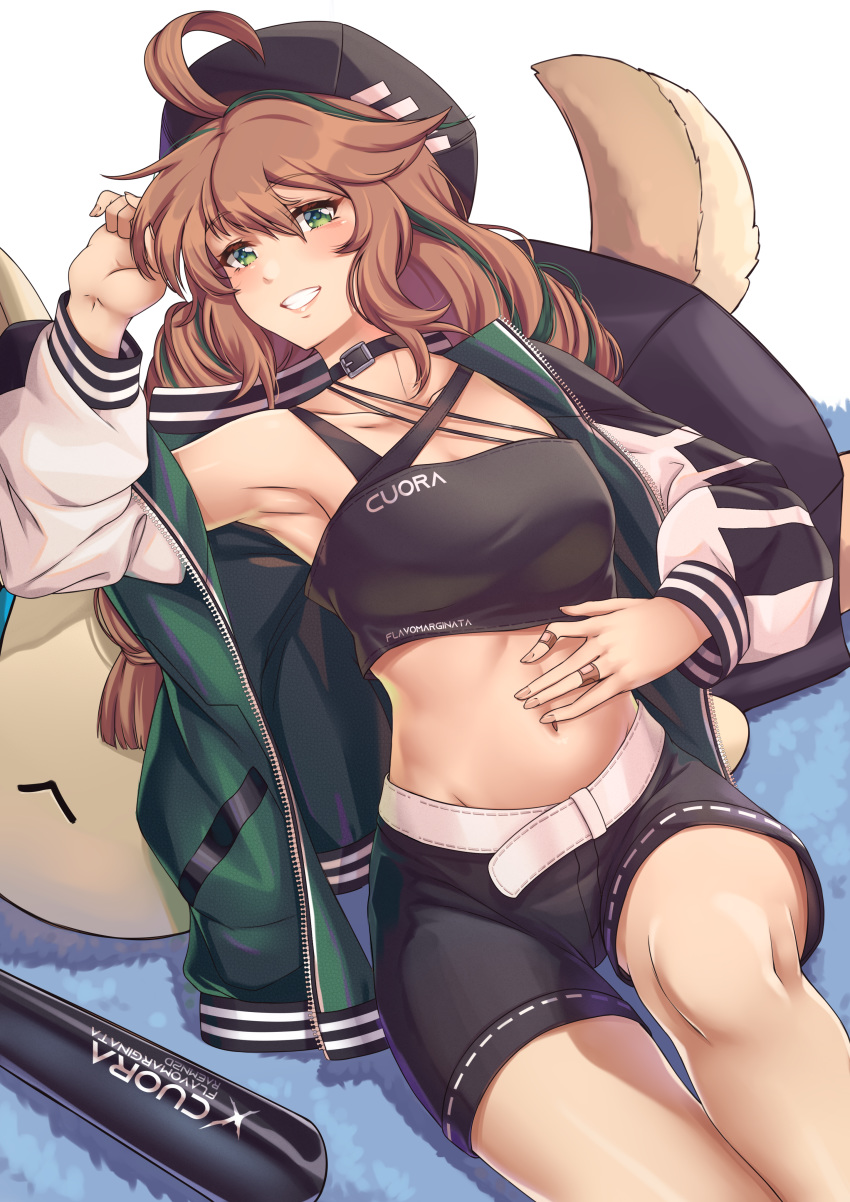 1girl absurdres ahoge arknights arm_up armpits bandaid_on_finger bare_shoulders baseball_bat belt black_headwear black_shirt black_shorts breasts brown_hair choker collarbone commentary crop_top cuora_(arknights) green_eyes green_jacket grin hand_on_own_stomach highres huge_filesize jacket long_hair long_sleeves looking_at_viewer medium_breasts midriff multicolored_hair navel open_clothes open_jacket raemn_(raemn2d) raglan_sleeves reclining shirt short_shorts shorts sleeveless sleeveless_shirt smile solo streaked_hair stuffed_animal stuffed_toy
