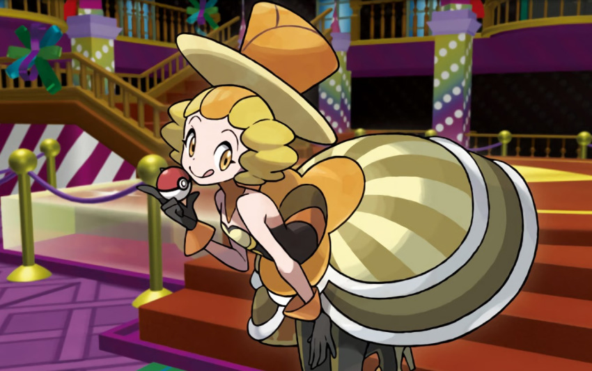 1girl battle_chatelaine_(pokemon) dress feet_out_of_frame hat indoors lanuit_(pokemon) looking_at_viewer mizutani_megumi official_art pokemon pokemon_trading_card_game solo stairs standing top_hat yellow_dress yellow_headwear yellow_theme