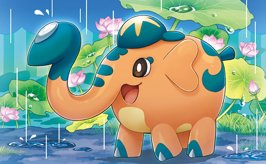:d brown_eyes creature cufant day elephant flower forest from_side full_body gen_8_pokemon happy kirisaki nature no_humans official_art open_mouth outdoors plant pokemon pokemon_(creature) pokemon_trading_card_game profile puddle rain ripples smile solo standing tree