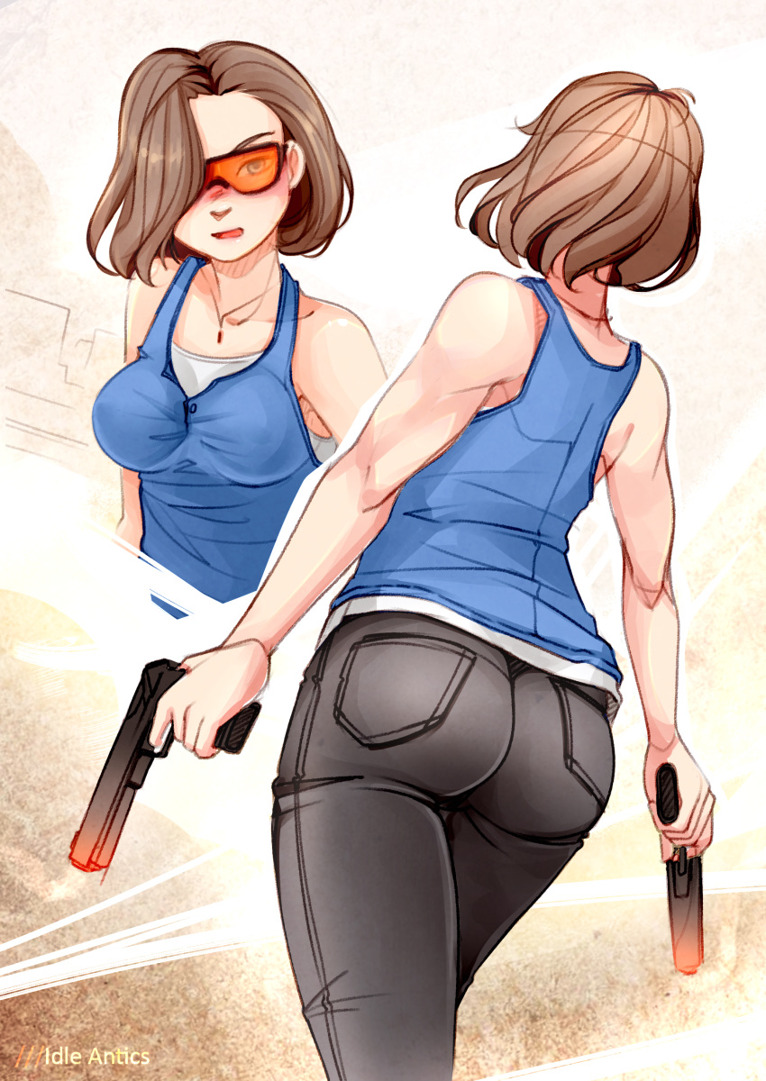 1girl absurdres ass black-framed_eyewear black_pants breasts casual collage dual_wielding finger_on_trigger gun hair_over_one_eye handgun highres holding holding_gun holding_weapon idle_antics jewelry jill_valentine medium_breasts orange-tinted_eyewear pants pendant pistol redesign resident_evil resident_evil_3 shirt shooting_glasses short_hair sleeveless solo tank_top taut_clothes taut_shirt weapon