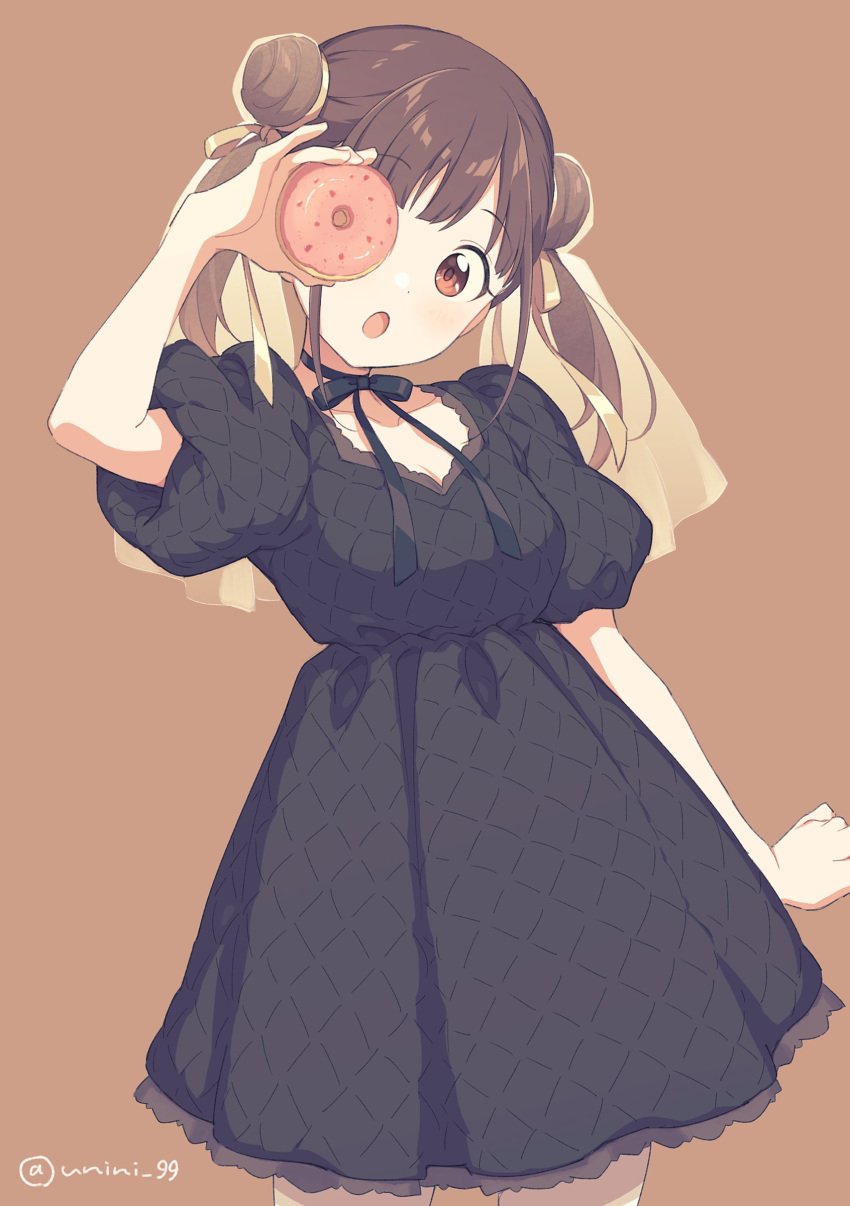 1girl :o absurdres agata_(agatha) bangs black_dress brown_background brown_hair choker collarbone commentary_request cowboy_shot double_bun doughnut dress food hair_ribbon head_tilt highres idolmaster idolmaster_shiny_colors looking_at_viewer medium_hair open_mouth puffy_short_sleeves puffy_sleeves red_eyes ribbon ribbon_choker short_sleeves solo sonoda_chiyoko twintails