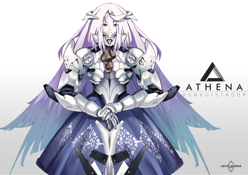 1girl absurdres armor commission eyebrows_visible_through_hair frown gradient gradient_background grey_background hands_on_hilt headgear highres keitel_von_birsk long_hair looking_at_viewer mecha_musume original purple_hair science_fiction serious sword weapon white_background