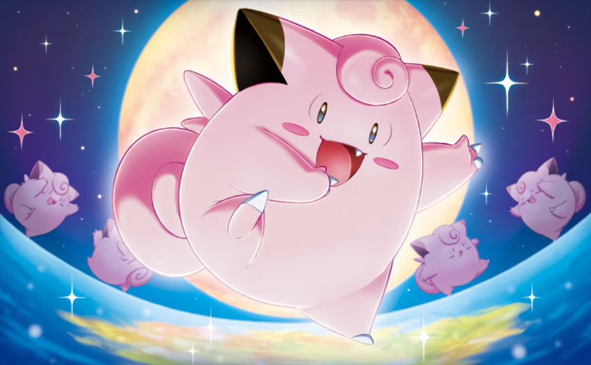 :d ^_^ claws clefairy closed_eyes creature dancing fang full_body full_moon gen_1_pokemon happy kirisaki looking_at_viewer moon night night_sky no_humans official_art open_mouth outdoors pokemon pokemon_(creature) pokemon_trading_card_game sky smile