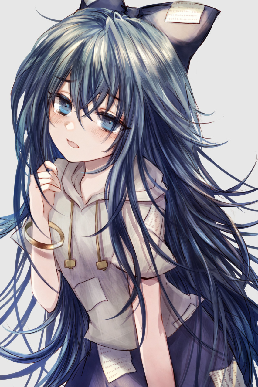 1girl absurdres bangle blue_bow blue_eyes blue_hair blue_skirt blush bow bracelet debt drawstring grey_background grey_hoodie hair_bow highres jewelry long_hair looking_at_viewer maho_moco open_mouth short_sleeves simple_background skirt solo tears touhou very_long_hair yorigami_shion