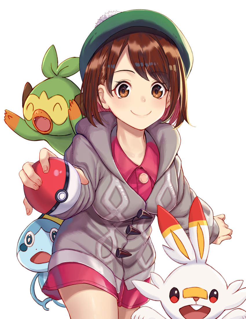 1girl absurdres arl bangs blush breasts brown_eyes brown_hair cardigan commentary_request dress eyebrows_visible_through_hair gen_8_pokemon green_headwear grey_cardigan grookey hat highres holding holding_poke_ball jacket large_breasts long_sleeves looking_at_viewer open_mouth pink_dress poke_ball pokemon pokemon_(creature) pokemon_(game) pokemon_swsh scorbunny short_hair simple_background smile sobble tam_o'_shanter white_background yuuri_(pokemon)
