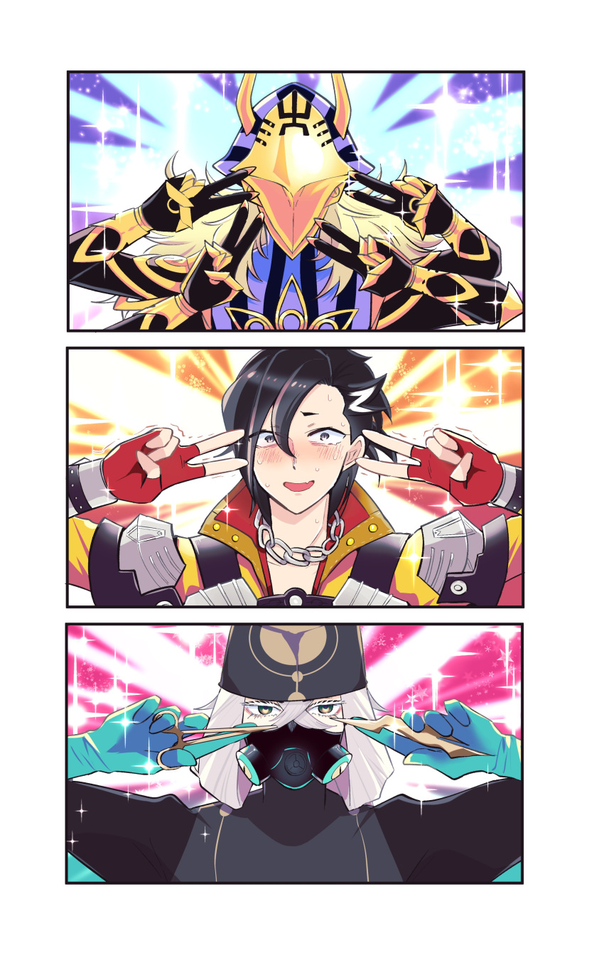 1boy absurdres armor asclepius_(fate/grand_order) avicebron_(fate) bangs black_hair black_jacket blonde_hair cape double_v emotional_engine_-_full_drive fate/apocrypha fate/grand_order fate_(series) fingerless_gloves gloves green_eyes hair_between_eyes hands_up hat highres hood hood_up hooded_jacket jacket long_hair long_sleeves looking_at_viewer male_focus mandricardo_(fate/grand_order) mask multicolored_hair multiple_boys nijiomu open_mouth parody silver_hair solo sparkle star two-tone_hair upper_body v white_hair