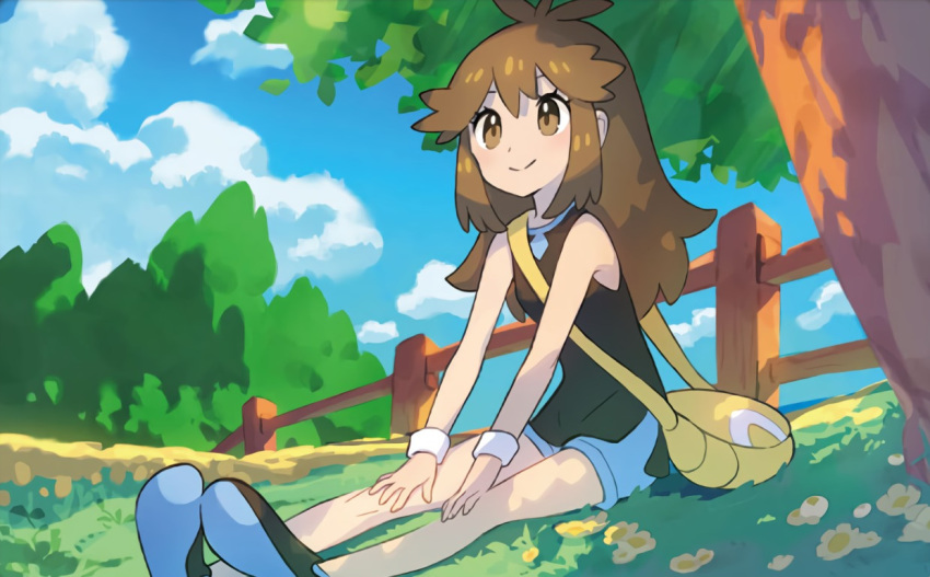 1girl bag black_shirt blue_shorts blue_sky brown_eyes brown_hair closed_mouth clouds day fence flower hair_flaps long_hair messenger_bag official_art pokemon pokemon_(game) pokemon_lgpe pokemon_trading_card_game saitou_naoki shirt shoes shorts shoulder_bag sidelocks sitting sky sleeveless sleeveless_shirt sneakers solo tree