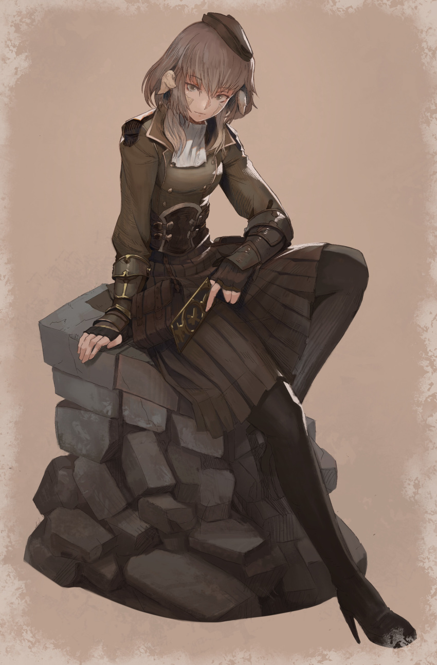 1girl absurdres au_ra boots brown_background brown_eyes brown_hair card dragon_horns dragon_tail eyebrows_visible_through_hair final_fantasy final_fantasy_xiv fingerless_gloves gloves hat high_heel_boots high_heels highres horns josh_corpuz looking_at_viewer medium_hair pleated_skirt scales sitting skirt solo tail thigh-highs thigh_boots wrist_guards