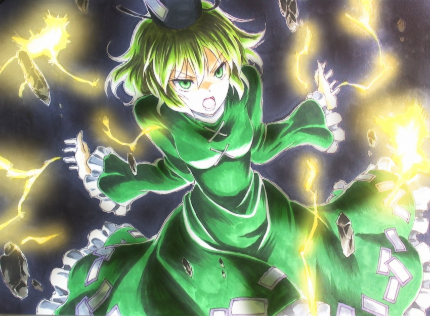 1girl angry beluo77 black_background colored_pencil_(medium) dress electricity floating floating_object graphite_(medium) green_dress green_hair hands_up hat long_skirt marker_(medium) ofuda ofuda_on_clothes short_hair skirt soga_no_tojiko solo tate_eboshi touhou traditional_media