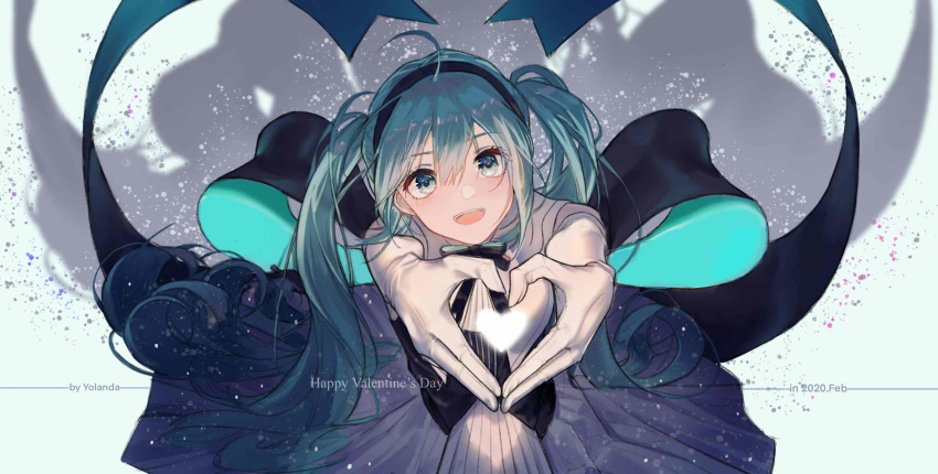 1girl 2020 :d aqua_background artist_name black_hairband black_ribbon blue_hair dated detached_sleeves dress eyebrows_visible_through_hair eyelashes eyes_visible_through_hair from_above glowing grey_background hair_between_eyes hairband hands_up happy happy_valentine hatsune_miku head_tilt heart heart_hands highres light_particles long_hair looking_at_viewer looking_up miku_symphony_(vocaloid) neck_ribbon open_mouth outstretched_arms ribbon shadow sidelocks simple_background smile solo teeth twintails upper_body vocaloid white_dress yolanda_(8349252)