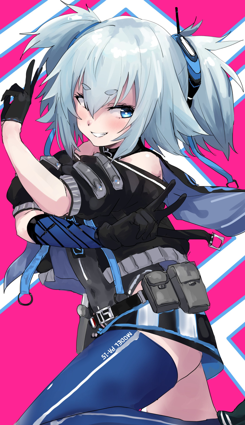 1girl absurdres bare_shoulders belt black_gloves blue_eyes blue_legwear covered_navel double_v eyebrows_visible_through_hair girls_frontline gloves grin hair_between_eyes hair_ornament highres looking_at_viewer make_maketan medium_hair pa-15_(girls_frontline) pink_background silver_hair single_half_glove smile snap-fit_buckle solo thick_eyebrows thigh-highs two_side_up v