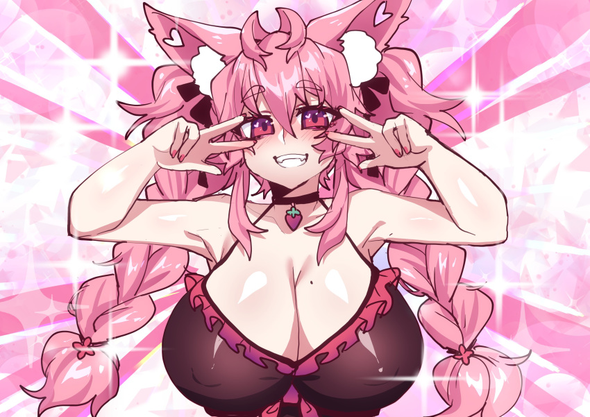 absurdres animal_ears blush bow breasts fangs food fox_ears fox_girl fruit highres huge_breasts jewelry kireina_(osiimi) looking_at_viewer necklace original osiimi pink_background pink_eyes pink_hair ponytail smile strawberry v