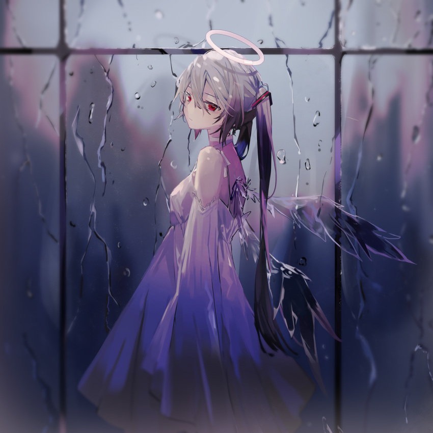 1girl albino_(vocaloid) amatsukiryoyu aqua_hair bare_shoulders blurry_foreground collar commentary cowboy_shot detached_sleeves dress from_side half-closed_eyes halo halter_dress hatsune_miku highres long_hair looking_at_viewer rain red_eyes solo twintails very_long_hair vocaloid water_drop white_dress white_sleeves wings