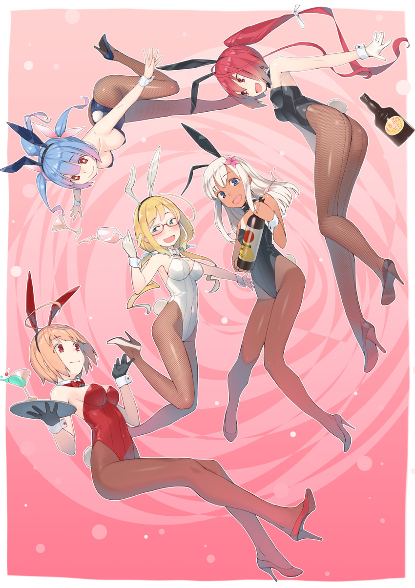 5girls alcohol alternate_costume animal_ears aqua_eyes ass bangs bare_shoulders black_gloves black_leotard blonde_hair blue_eyes blue_hair blush bottle bow bowtie breasts brown_legwear bunny_girl bunny_tail bunnysuit cherry cocktail cocktail_glass commentary_request covered_navel cup detached_collar drink drinking_glass eyebrows_visible_through_hair fake_animal_ears fake_tail fishnet_legwear fishnets flower food fruit full_body gahaku glasses gloves hair_flower hair_ornament hair_ribbon high_heels highleg highres holding holding_tray i-168_(kantai_collection) i-19_(kantai_collection) i-58_(kantai_collection) i-8_(kantai_collection) kantai_collection large_breasts legs leotard light_brown_hair long_hair looking_at_viewer low_twintails medium_breasts multiple_girls one-piece_tan open_mouth pantyhose ponytail rabbit_ears red-framed_eyewear red_eyes red_leotard redhead ribbon ro-500_(kantai_collection) semi-rimless_eyewear short_hair simple_background small_breasts smile star star-shaped_pupils strapless strapless_leotard symbol-shaped_pupils tail tan tanline tray tri_tails twintails under-rim_eyewear very_long_hair white_gloves white_hair white_leotard wine wine_bottle wine_glass wrist_cuffs