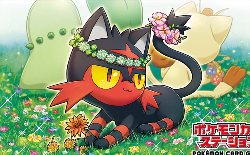 :3 cat cat_focus chikorita closed_mouth copyright_name creature flower full_body gen_1_pokemon gen_2_pokemon gen_7_pokemon grass happy kirisaki litten lying meowth no_humans official_art on_stomach pokemon pokemon_(creature) pokemon_trading_card_game sitting yellow_eyes