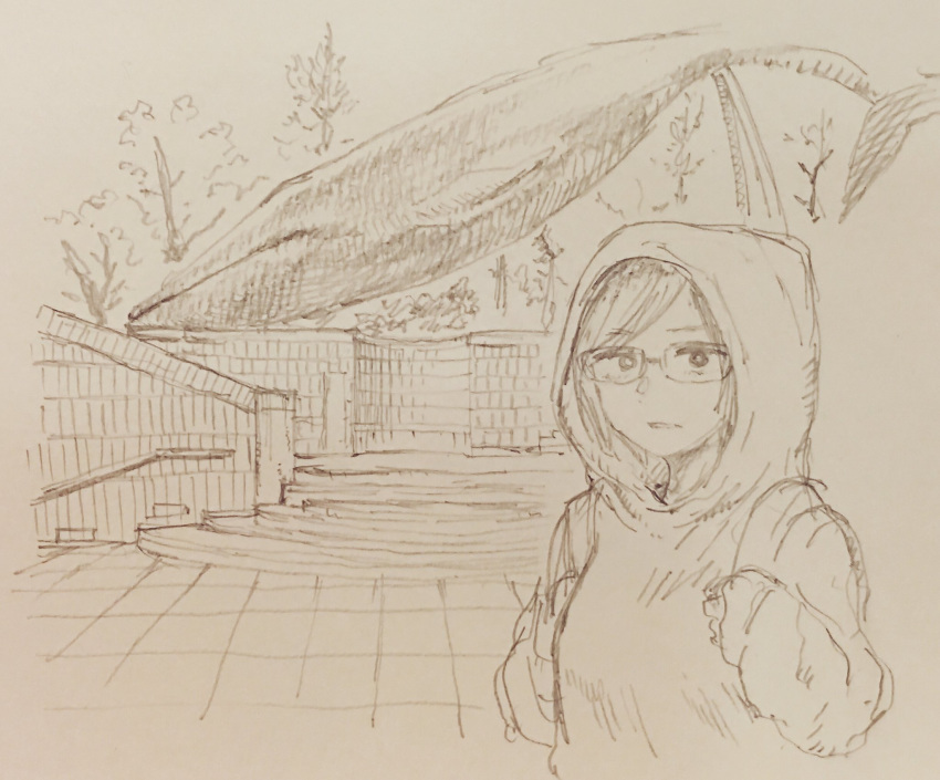1girl highres hood hoodie kotoyama looking_at_viewer monochrome original short_hair sketch solo tree whale