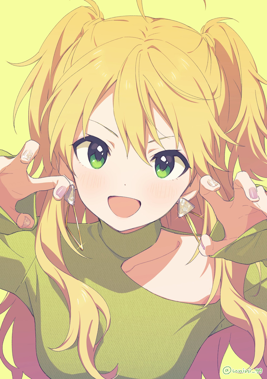 1girl :d absurdres agata_(agatha) ahoge blonde_hair close-up collarbone commentary_request earrings green_eyes highres hoshii_miki idolmaster idolmaster_(classic) jewelry long_hair looking_at_viewer nail_art open_mouth sleeves_past_wrists smile solo two_side_up upper_body yellow_background
