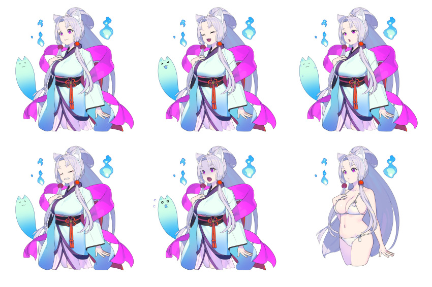 1girl :3 :d absurdres animal_ear_fluff animal_ears arm_at_side bangs bare_arms bare_shoulders bikini black_sash blue_fire blue_kimono breasts closed_eyes copyright_request cropped_legs fang fire flying_sweatdrops fox_ears ghost grey_hair hair_bobbles hair_ornament halterneck hand_on_own_chest hand_up highres japanese_clothes kimono large_breasts long_hair long_sleeves multiple_views nagisa_kurousagi navel obi open_mouth parted_bangs ponytail sash shaded_face shawl sidelocks simple_background smile standing swimsuit tassel tears turn_pale very_long_hair violet_eyes white_background white_bikini wide_sleeves
