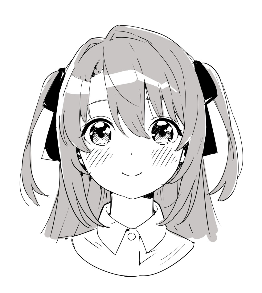 1girl blush bow closed_mouth collared_shirt copyright_request greyscale hair_between_eyes hair_bow highres looking_at_viewer monochrome nagisa_kurousagi portrait shirt simple_background smile solo two_side_up white_background wing_collar