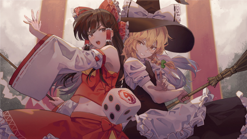 2girls :o apron ascot bangs bare_shoulders black_hair black_headwear black_skirt black_vest blonde_hair blush bow braid broom brown_eyes commentary_request cowboy_shot detached_sleeves dice eyebrows_visible_through_hair frilled_apron frilled_bow frills green_bow grin hair_bow hair_tubes hakurei_reimu hat hat_bow holding holding_broom kirisame_marisa long_hair long_sleeves looking_at_another maachi_(fsam4547) midriff multiple_girls navel outdoors petticoat puffy_short_sleeves puffy_sleeves red_bow red_skirt shirt short_sleeves sidelocks single_braid skirt skirt_set smile touhou touhou_cannonball v-shaped_eyebrows vest waist_apron white_apron white_bow white_shirt wide_sleeves witch_hat yellow_eyes yellow_neckwear