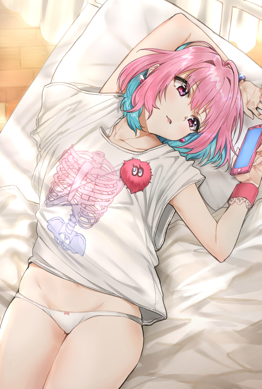 1girl ahoge applepie_(12711019) bangs blue_hair breasts cellphone collarbone commentary_request eyebrows_visible_through_hair fang hair_intakes highres holding holding_cellphone holding_phone idolmaster idolmaster_cinderella_girls idolmaster_cinderella_girls_starlight_stage lying multicolored_hair on_back on_bed panties parted_lips phone pillow pink_hair shirt short_hair short_sleeves t-shirt two-tone_hair underwear white_panties yumemi_riamu