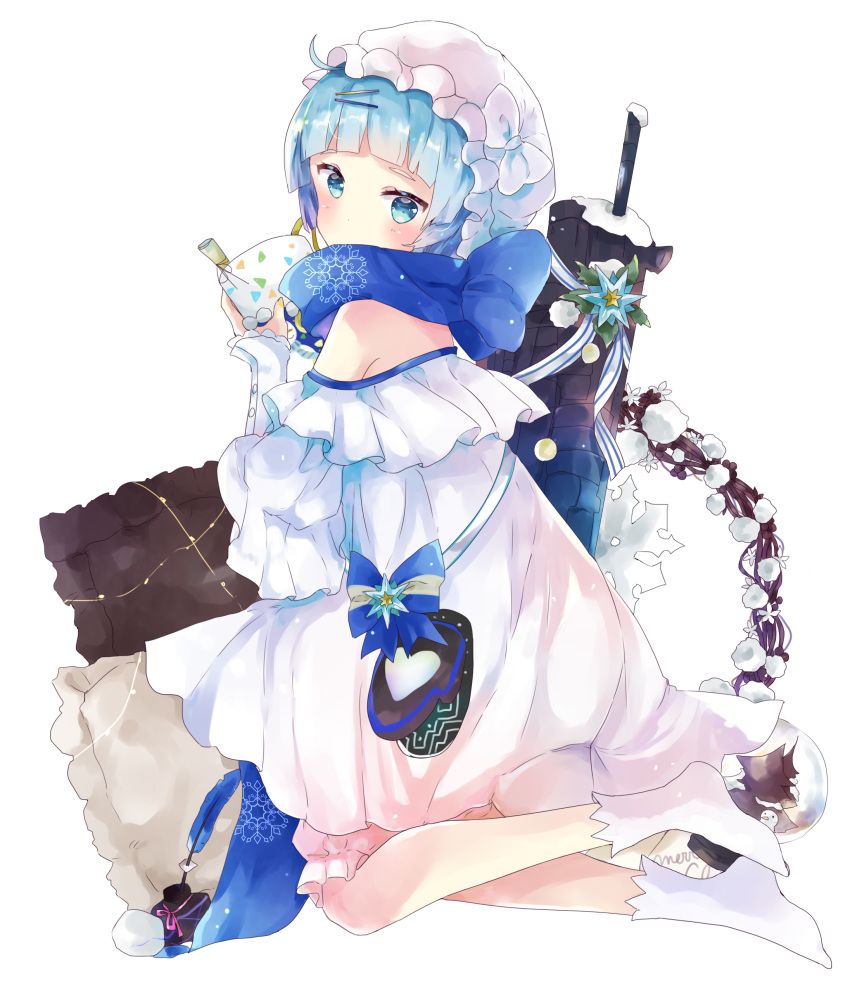 1girl absurdres ahoge bare_shoulders blue_bow blue_eyes blue_hair blue_scarf blush bow commentary dress frilled_pillow frills from_behind girls_frontline gun hair_ornament hairclip hat hat_bow highres holding inkwell looking_at_viewer looking_back merry_christmas no_shoes off-shoulder_dress off_shoulder pillow quill ribbon scarf snow snow_globe socks striped striped_ribbon tsukiyo_(skymint) weapon white_bow white_dress white_headwear white_legwear white_ribbon zas_m21_(girls_frontline) zastava_m21