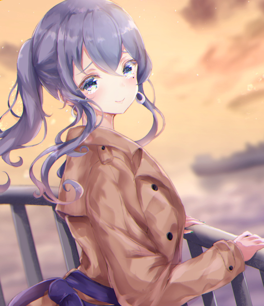 1girl absurdres alternate_costume blue_eyes blue_hair blush brown_coat coat crying crying_with_eyes_open earrings gotland_(kantai_collection) green_nails hair_between_eyes highres jewelry kantai_collection long_hair long_sleeves mole mole_under_eye nail_polish sa-ya2 smile solo tears upper_body