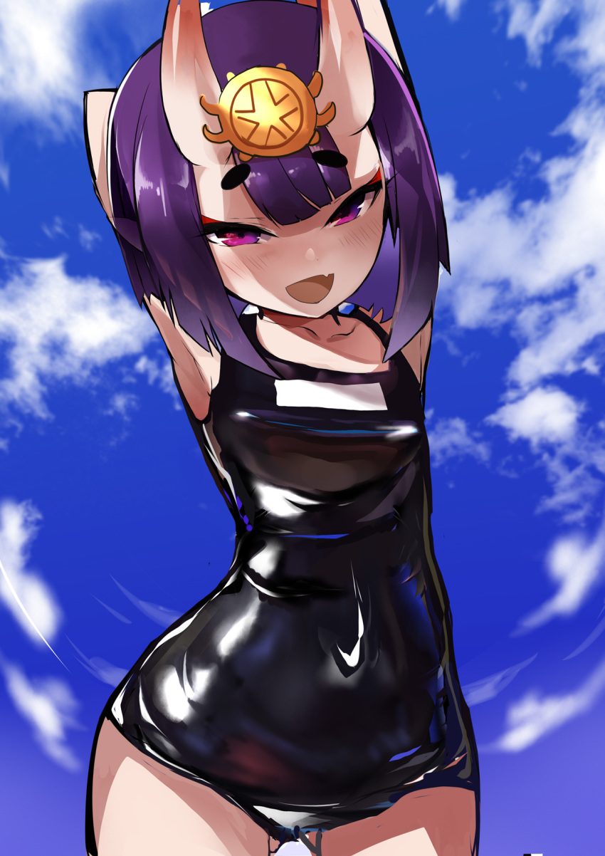 1girl arm_behind_head armpits arms_up bangs bare_shoulders black_swimsuit blue_sky blush bob_cut breasts collarbone covered_navel eyeliner fang fate/grand_order fate_(series) headpiece highres horns looking_at_viewer makeup one-piece_swimsuit oni oni_horns open_mouth purple_hair shimejinameko short_eyebrows short_hair shuten_douji_(fate/grand_order) skin-covered_horns sky small_breasts smile solo swimsuit violet_eyes