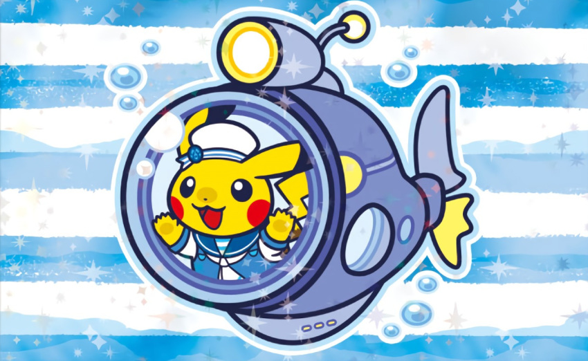 :d black_eyes bubble clothed_pokemon gen_1_pokemon gen_2_pokemon happy hat lanturn official_art open_mouth pikachu pokemon pokemon_trading_card_game sailor_collar sailor_hat sailor_shirt shirt smile submarine third-party_source tsuruta_saya underwater water watercraft white_shirt