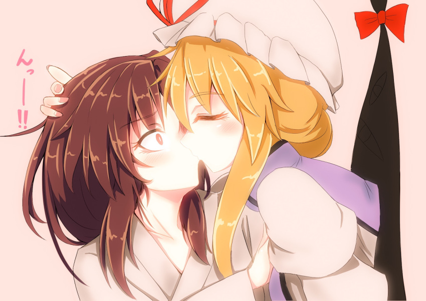 2girls alternate_costume blonde_hair blush bright_pupils brown_hair closed_eyes commentary_request constricted_pupils dress eyebrows_visible_through_hair fingernails gap hakurei_reimu hand_on_another's_head hat hat_ribbon japanese_clothes kimono kiss long_hair looking_at_another miyayuki_azami mob_cap multiple_girls no_headwear pink_background red_eyes ribbon sidelocks surprise_kiss surprised tabard touhou upper_body very_long_hair white_dress white_pupils yakumo_yukari yukata yuri zukyuun