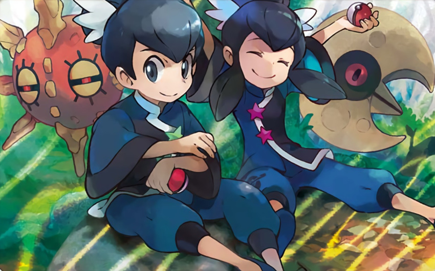 1boy 1girl ^_^ black_eyes black_hair closed_eyes creature floating fuu_(pokemon) grass gym_leader holding holding_poke_ball iribi_you looking_at_viewer lunatone official_art outdoors poke_ball poke_ball_(generic) pokemon pokemon_(creature) pokemon_(game) pokemon_oras pokemon_trading_card_game ran_(pokemon) siblings sidelocks sitting sitting_on_ground solrock third-party_source tied_hair twins