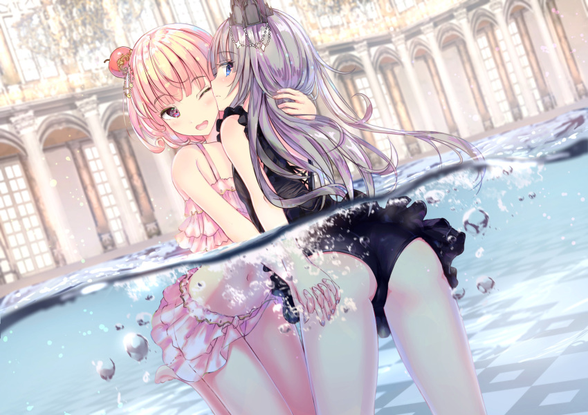 2girls ;d air_bubble ass bangs barefoot bikini black_swimsuit blonde_hair blue_eyes blurry blurry_background blush bubble depth_of_field eyebrows_visible_through_hair frilled_swimsuit frills grey_hair hair_ornament heart heart-shaped_pupils highres holding_hands interlocked_fingers long_hair missile228 multiple_girls nail_polish navel one-piece_swimsuit one_eye_closed open_mouth original partially_submerged partially_underwater_shot pink_bikini pink_nails pool profile purple_nails red_eyes smile swimsuit symbol-shaped_pupils very_long_hair water