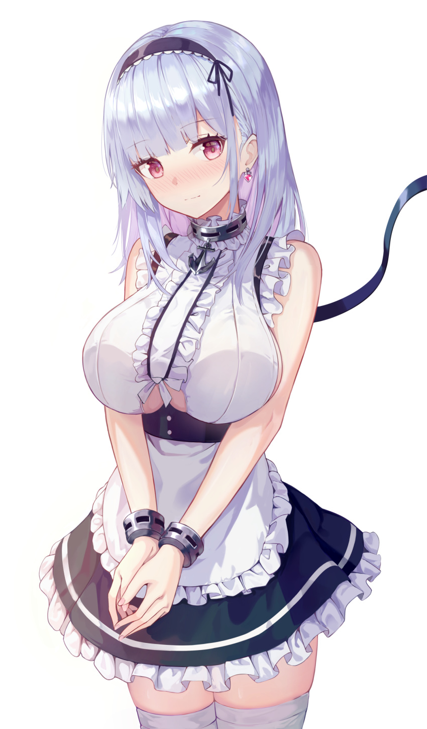 1girl absurdres apron azur_lane bare_shoulders blush breasts cowboy_shot dido_(azur_lane) dress earrings frilled_dress frills hairband highres jewelry large_breasts long_hair looking_at_viewer maid maid_apron nose_blush red_eyes seero silver_hair simple_background sleeveless sleeveless_dress solo thigh-highs under_boob underboob_cutout white_background white_legwear zettai_ryouiki