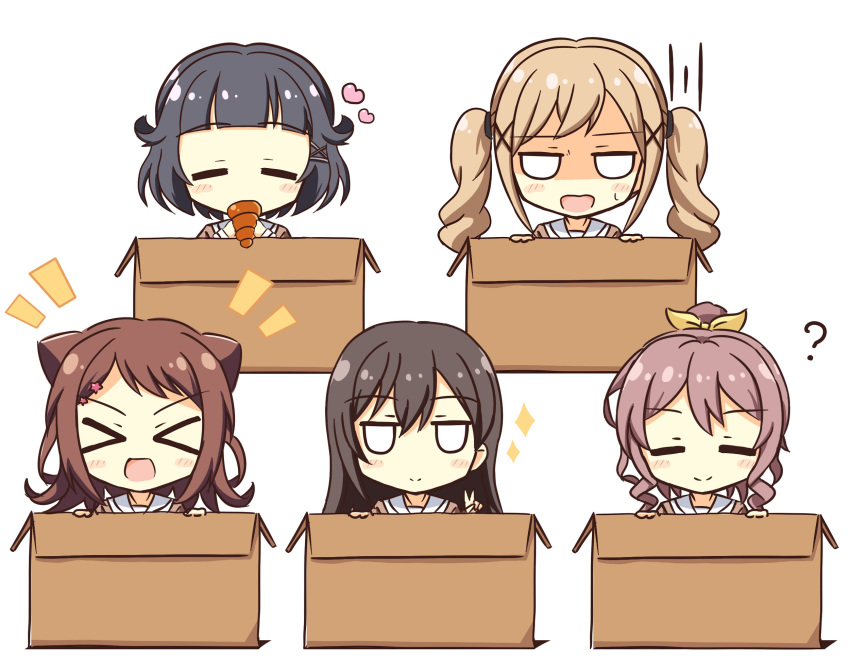 &gt;_&lt; 5girls :d =_= ? bang_dream! bangs black_hair blonde_hair blunt_bangs blush blush_stickers box brown_hair cardboard_box chocolate_cornet commentary_request eating eyebrows_visible_through_hair food hair_between_eyes hair_flaps hair_ornament hair_ribbon hanasakigawa_school_uniform hanazono_tae hasewox heart highres holding holding_food ichigaya_arisa in_box in_container jitome long_hair looking_at_viewer medium_hair multiple_girls notice_lines open_mouth ponytail poppin'party ribbon school_uniform shaded_face short_hair sidelocks simple_background smile sparkle star star_hair_ornament sweatdrop toyama_kasumi twintails upper_body ushigome_rimi v white_background x_hair_ornament xd yamabuki_saaya yellow_ribbon