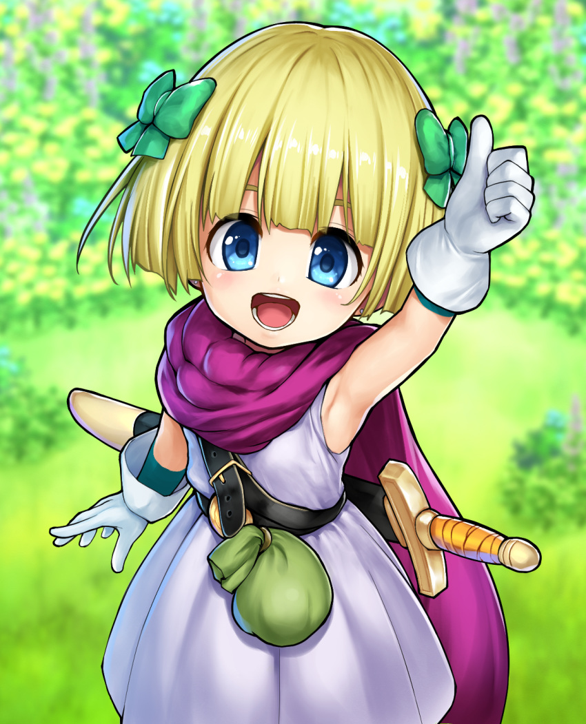 1girl arm_up armpits belt blonde_hair bow child cloak dragon_quest dragon_quest_v dress endou_hiroto gloves hair_bow hero's_daughter_(dq5) highres looking_at_viewer open_mouth outdoors pouch purple_cloak ribbon sheath sheathed short_hair sleeveless sleeveless_dress smile solo sword thumbs_up upper_body weapon white_dress white_gloves