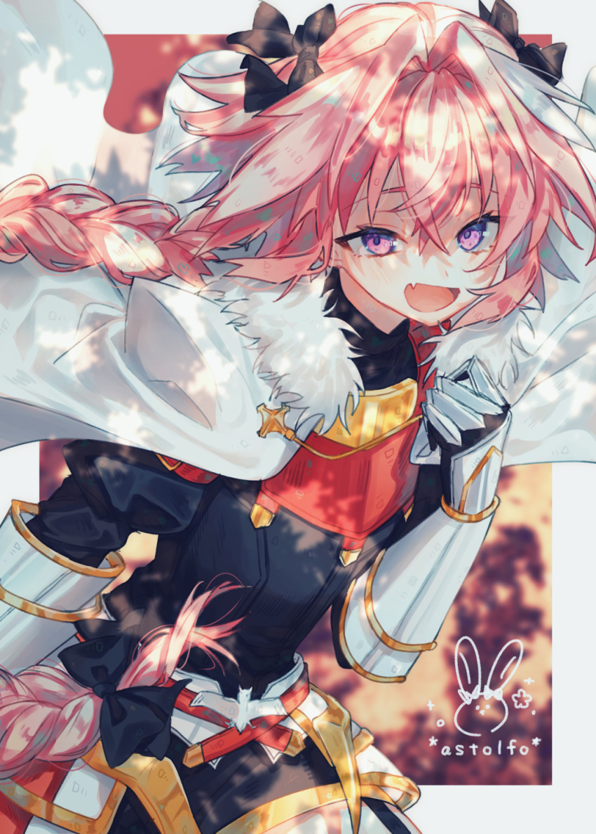 1boy armor astolfo_(fate) belt belt_buckle black_bow blush bow braid buckle capelet character_name cloak eyebrows_visible_through_hair fang fate/grand_order fate_(series) fur_trim gauntlets hair_between_eyes hair_bow highres long_hair open_mouth otoko_no_ko pink_hair shaded_face smile tongue violet_eyes white_capelet yuno_tsuitta