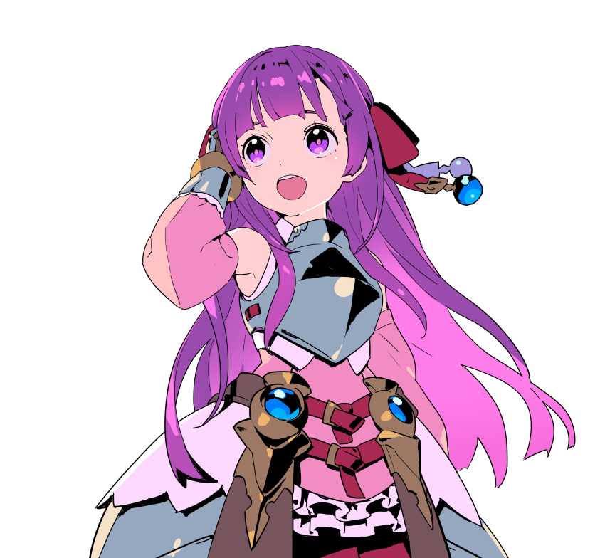 1girl :d absurdres armor armored_dress bangs bare_shoulders blunt_bangs bow breastplate copyright_request detached_sleeves dress faulds gauntlets hair_bow hair_ornament hand_up highres long_hair long_sleeves nagisa_kurousagi open_mouth pink_dress purple_hair red_bow simple_background smile solo upper_teeth violet_eyes white_background