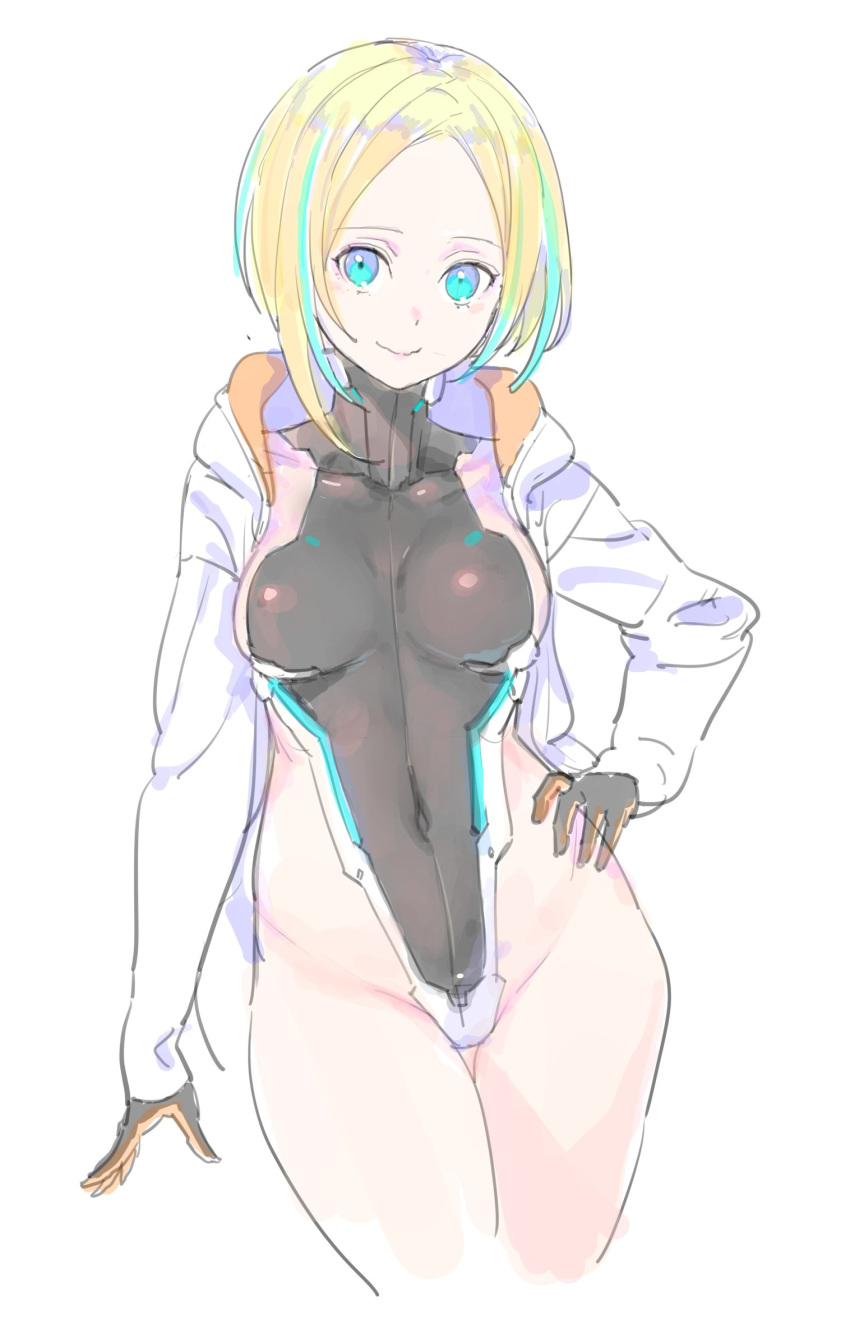 1girl bangs black_gloves blonde_hair blue_eyes breasts closed_mouth contrapposto covered_navel gloves hand_on_hip highleg highleg_leotard highres hood hood_down hooded_jacket jacket leotard long_sleeves looking_at_viewer medium_breasts multicolored_hair nagisa_kurousagi open_clothes open_jacket original parted_bangs short_hair simple_background skin_tight smile solo streaked_hair thigh_gap white_background white_jacket