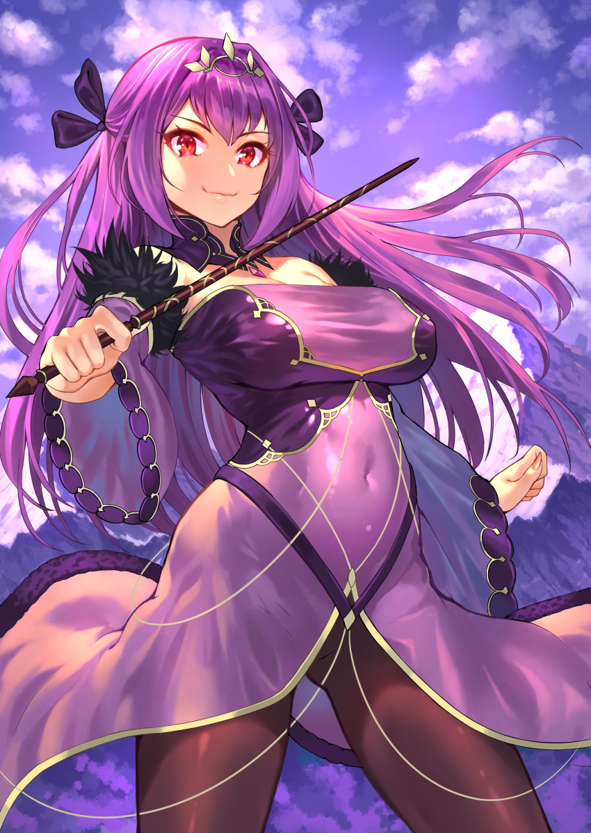 1girl absurdres bangs blue_sky clouds cloudy_sky dress fate/grand_order fate_(series) feather_trim fur-trimmed_dress fur_trim hair_between_eyes headpiece highres holding holding_wand medb_(fate)_(all) medb_(fate/grand_order) mikumo_(lpmkookm) purple_dress purple_hair purple_ribbon red_eyes ribbon scathach_(fate)_(all) scathach_skadi_(fate/grand_order) sky smile solo tiara wand