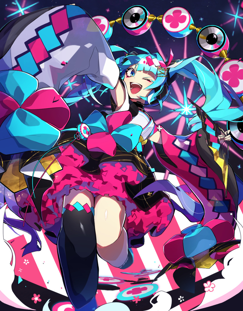 1girl aqua_bow aqua_eyes aqua_hair bangs black_legwear blunt_bangs bow bowtie commentary detached_sleeves drum fan feet_out_of_frame floral_print folding_fan hair_ornament hair_ribbon hairclip hatsune_miku highres holding holding_fan instrument japanese_clothes kikori70796699 leg_up long_hair looking_at_viewer magical_mirai_(vocaloid) mismatched_sleeves night one_eye_closed open_mouth pink_bow ribbon single_thighhigh smile solo speaker standing star_(sky) thigh-highs twintails very_long_hair vocaloid wide_sleeves