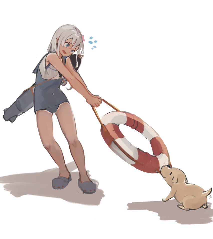 1girl 1other absurdres acccty black_sailor_collar black_swimsuit blonde_hair blue_eyes crop_top dog flower full_body hair_flower hair_ornament highres kantai_collection lifebuoy long_hair one-piece_tan ro-500_(kantai_collection) sailor_collar sandals school_swimsuit shirt simple_background sleeveless sleeveless_shirt swimsuit swimsuit_under_clothes tan tanline white_background