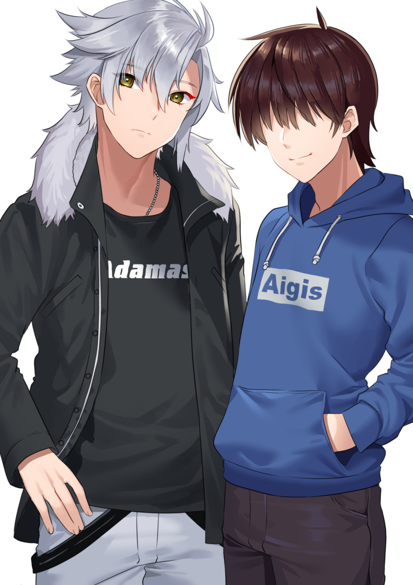 2boys black_jacket black_pants blue_hoodie brown_eyes brown_hair emperor_(sennen_sensou_aigis) grey_pants hair_over_eyes hand_in_pocket highres hood hoodie jacket male_focus mizuki_eiru_(akagi_kurage) multiple_boys pants prince_(sennen_sensou_aigis) sennen_sensou_aigis silver_hair simple_background smile standing white_background