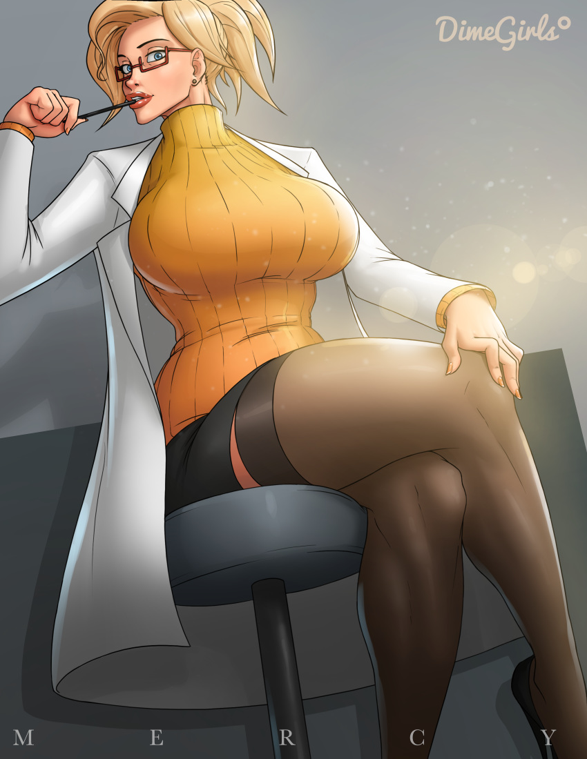 1girl absurdres black_footwear black_skirt blonde_hair blue_eyes breasts commentary earrings english_commentary highres huge_breasts jewelry labcoat lips lipstick looking_at_viewer makeup mercy_(overwatch) moxy_doxy overwatch parted_lips pen pencil_skirt semi-rimless_eyewear sheer_legwear short_ponytail sitting skirt solo stud_earrings sweater thick_thighs thigh-highs thighs turtleneck turtleneck_sweater under-rim_eyewear yellow_sweater