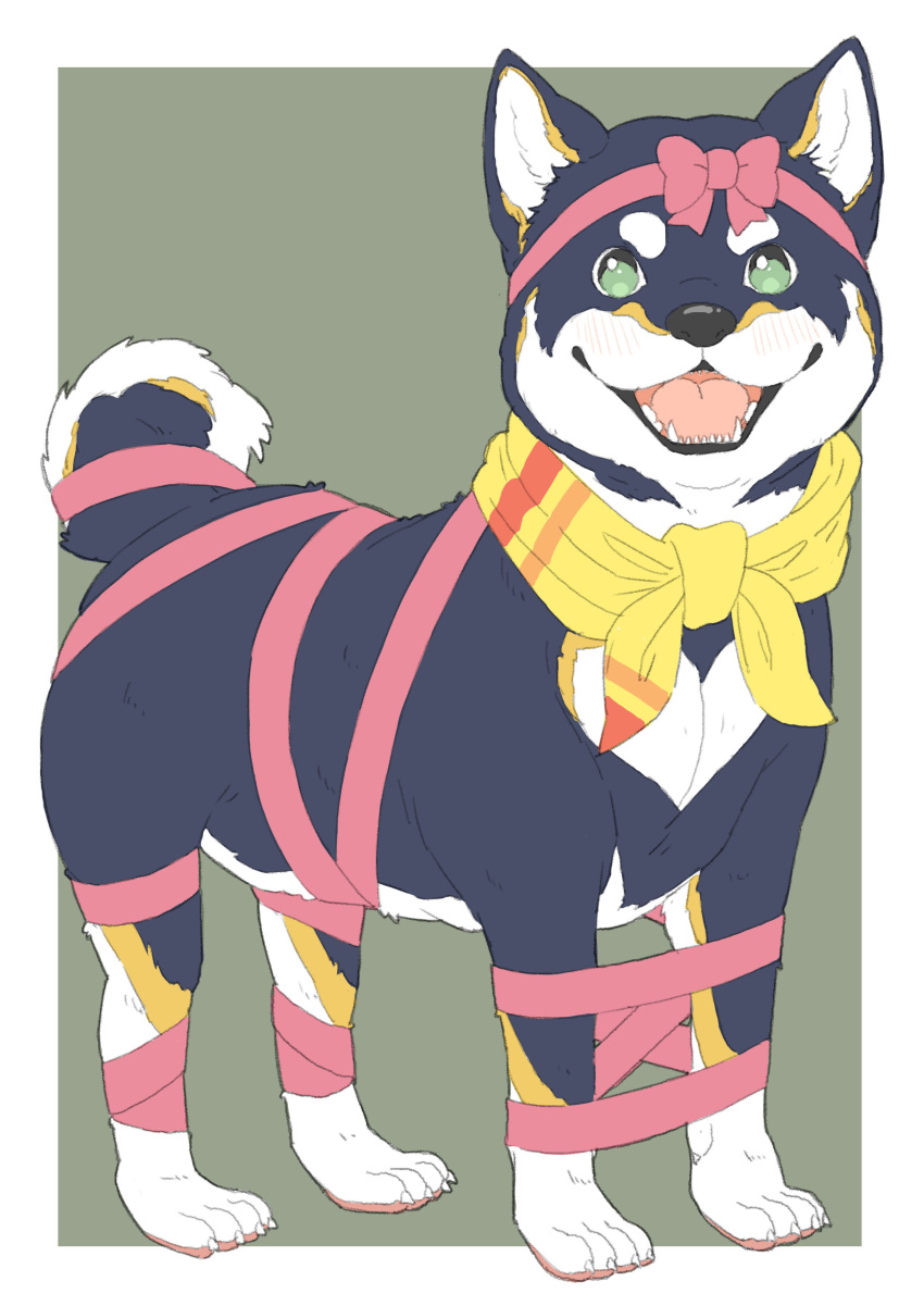 :d absurdres blush border dog dog_focus donguri_suzume green_background green_eyes highres looking_at_viewer naked_ribbon no_humans open_mouth red_ribbon ribbon scarf shiba_inu simple_background smile solo white_border yellow_scarf