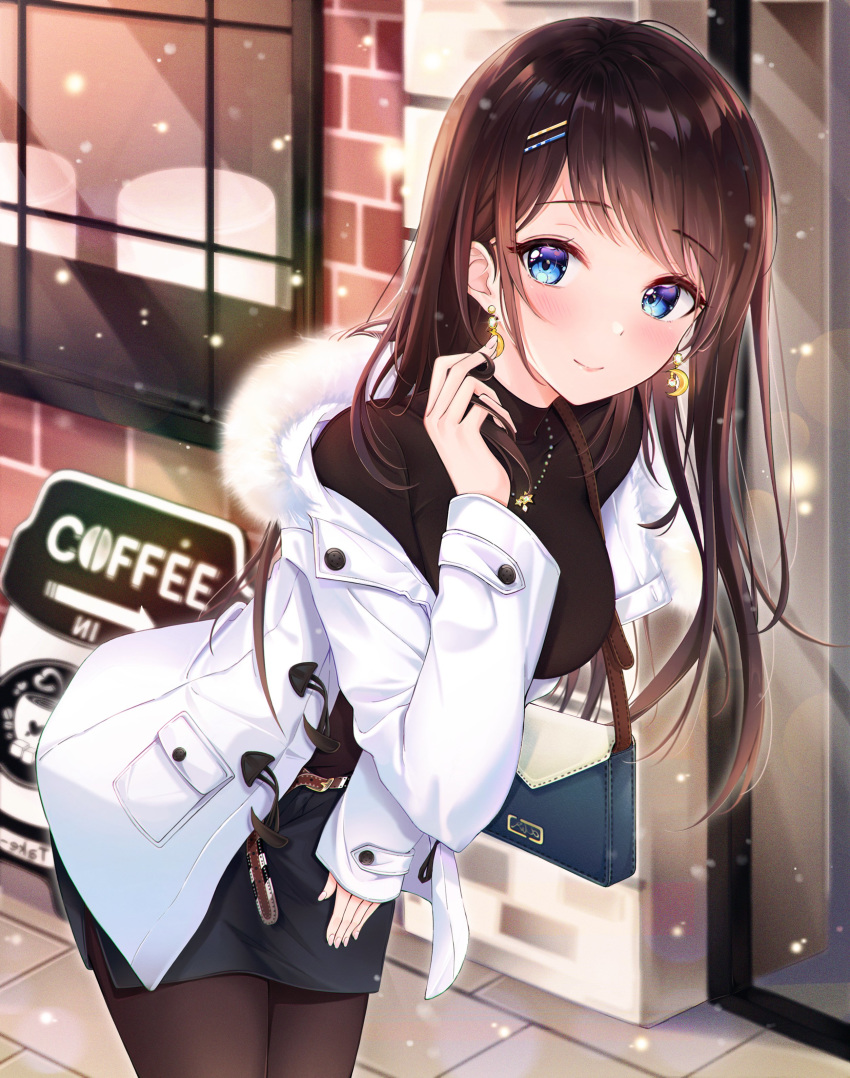 absurdres bag bangs blue_eyes breasts brown_hair commentary_request eyebrows_visible_through_hair hair_ornament hairclip highres jacket jewelry large_breasts lebring long_sleeves looking_at_viewer necklace original outdoors pantyhose pencil_skirt skirt smile snow white_jacket