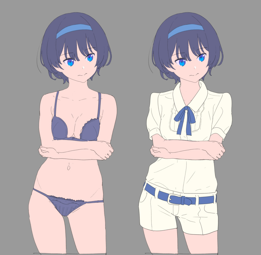 1girl bare_arms bare_shoulders belt blue_belt blue_eyes blue_hairband blue_neckwear blue_ribbon bra closed_mouth collared_shirt contrapposto cropped_legs crossed_arms eyebrows_visible_through_hair grey_background hairband highres looking_to_the_side multiple_views nagisa_kurousagi navel neck_ribbon original panties purple_bra purple_hair purple_panties ribbon shirt short_sleeves shorts simple_background solo underwear underwear_only white_shirt white_shorts wing_collar