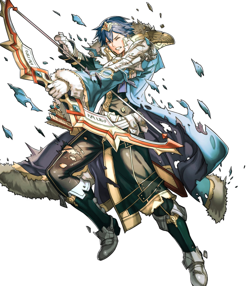 1boy alternate_costume arrow belt blue_eyes blue_hair boots bow_(weapon) chrom_(fire_emblem) fire_emblem fire_emblem_awakening fire_emblem_heroes full_body fur_trim gloves highres hino_shinnosuke official_art one_eye_closed quiver solo teeth tiara torn_clothes transparent_background weapon