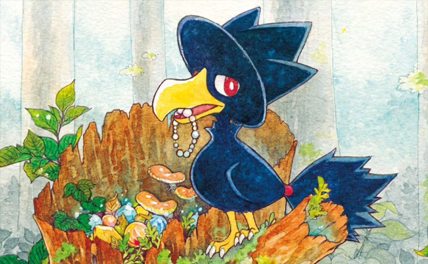 bird bird_focus claws creature full_body gen_2_pokemon looking_at_viewer mouth_hold murkrow no_humans official_art pokemon pokemon_(creature) pokemon_trading_card_game red_eyes sekio solo standing third-party_source