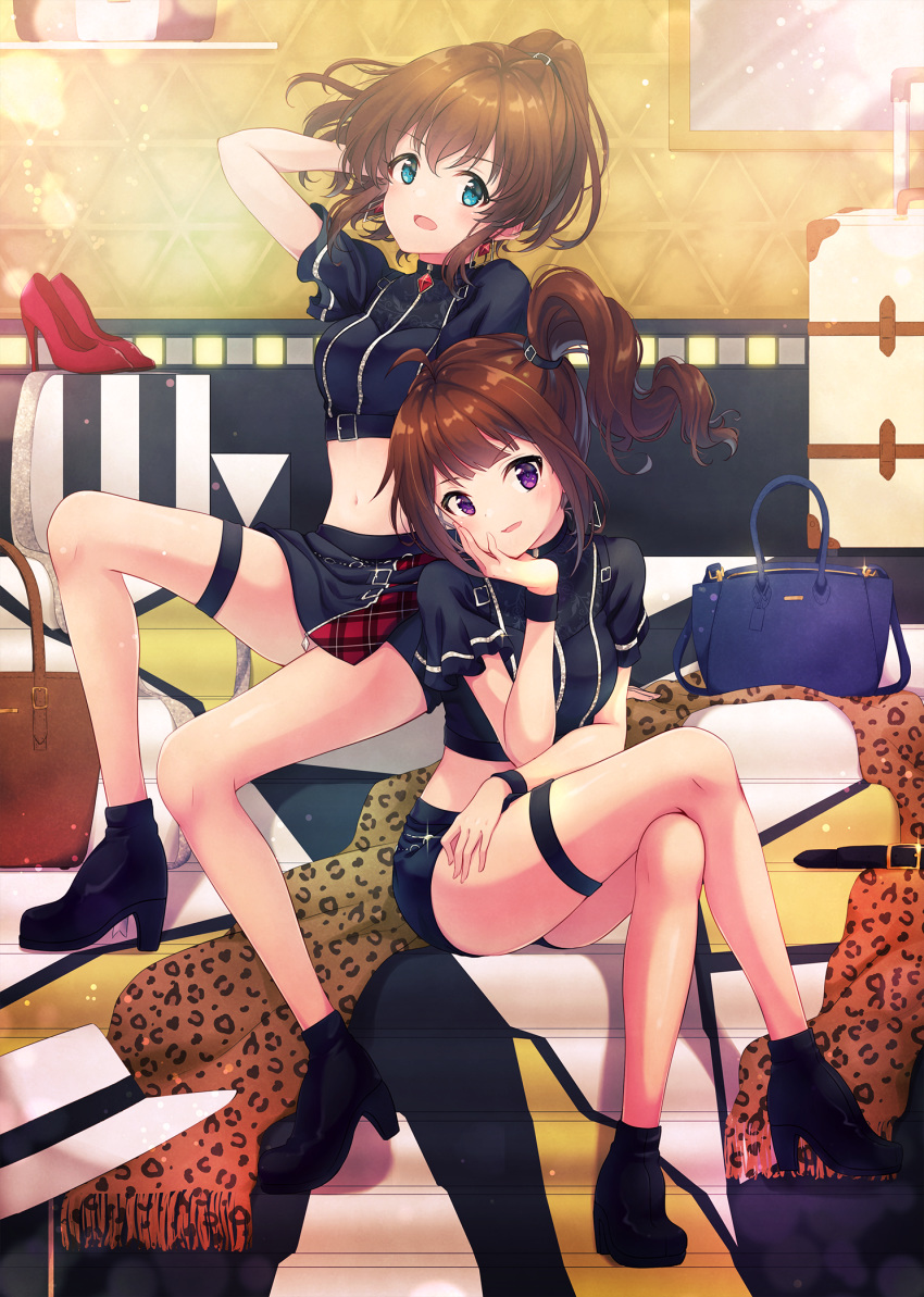 2girls ahoge alternate_costume ayumi_(as0206) bangs black_footwear blue_bag blue_eyes blush bow breasts brown_hair commentary_request drill_hair eyebrows_visible_through_hair hair_ornament highres idolmaster idolmaster_million_live! idolmaster_million_live!_theater_days jewelry long_hair looking_at_viewer medium_breasts multiple_girls navel open_mouth pencil_skirt ponytail red_footwear satake_minako shoes short_hair short_shorts shorts side_drill side_ponytail sitting skirt smile violet_eyes yokoyama_nao