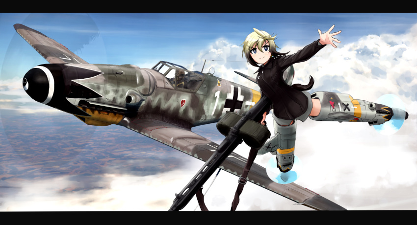1girl 1other aircraft airplane bf_109 black_eyes black_hair black_jacket blonde_hair blue_sky blurry blurry_background bright_pupils closed_mouth clouds cloudy_sky day depth_of_field drum_magazine dual_drum_magazine erica_hartmann flying gradient_hair gun highres holding holding_gun holding_weapon jacket kk90 letterboxed long_sleeves looking_at_viewer machine_gun mg42 military military_uniform military_vehicle motion_blur multicolored_hair outdoors roundel scenery short_hair sky smirk strike_witches striker_unit tail two-tone_hair uniform v-shaped_eyebrows weapon white_pupils world_witches_series